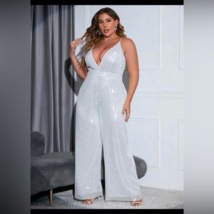 Plunging neck sequin cami jumpsuit